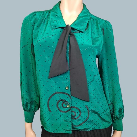 Vintage 80s Secretary Blouse Green Swirl Pattern Tie Neck Long Sleeve Petite M - Picture 1 of 9